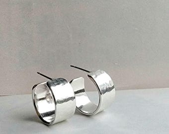 Small Silver Chunky Hoops, ear hugger classic jewelry hammered texture