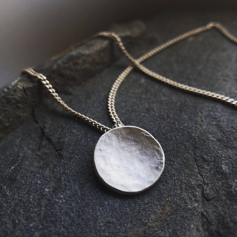 Full Moon Necklace, sterling silver hammered pendant, minimalist lunar celestial jewelry image 1