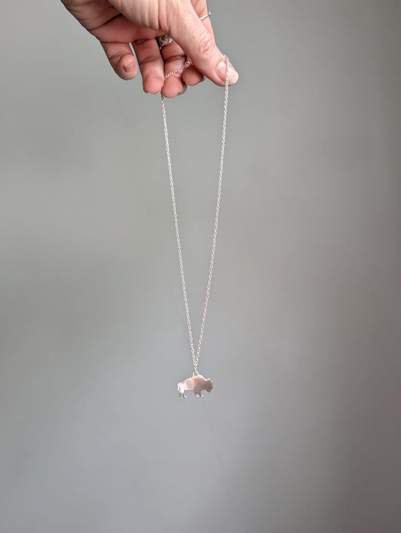 May include: A silver-toned necklace featuring a small, flat pendant shaped like a bison in profile. The pendant hangs from a delicate, thin silver-colored metal chain with small circular links. The design is simple, metallic, and reflective.