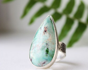 Chrysocolla ring, large stone ring, turquoise light green blue sterling silver statement ring