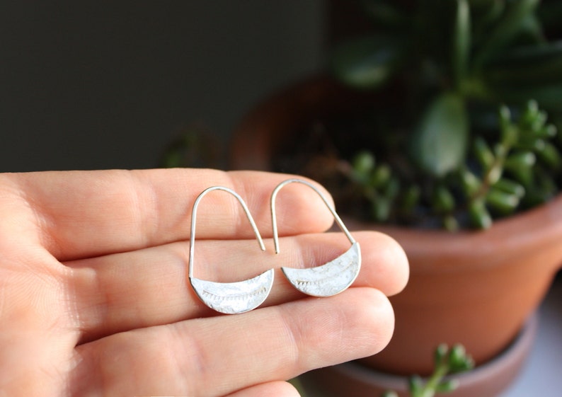 Silver Earrings, Sterling Silver Crescent Moon Hoops, Arc Earrings, Teardrop Hoop image 4