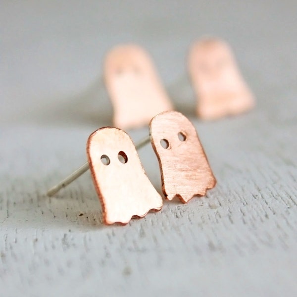 Ghost earrings, Halloween earrings, costume jewelry orange copper sterling silver posts, minimalist