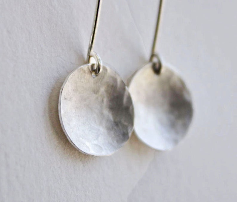 sterling silver earrings, hammered disc round circles, silver jewelry full moon, gift for wife image 2