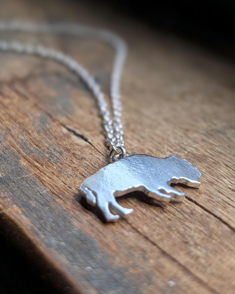 May include: A silver-toned metal pendant shaped like a buffalo silhouette, suspended from a matching delicate silver-toned link chain. The pendant features a smooth, reflective surface and is attached to the chain by a small circular jump ring.