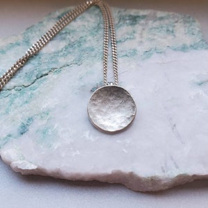 Full Moon Necklace, sterling silver hammered pendant, minimalist lunar celestial jewelry image 2