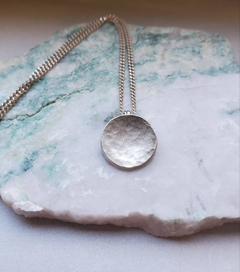 Full Moon Necklace, sterling silver hammered pendant, minimalist lunar celestial jewelry image 2