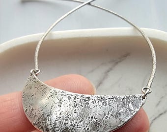 Sterling Silver Necklace, crescent moon pendant collar, raw textured artistic adjustable statement jewelry