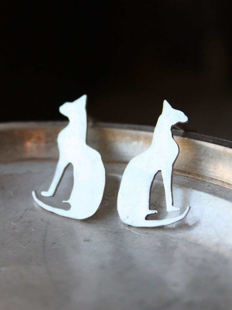 Cat Earrings, Sterling Silver Kitty stud jewelry, Bastet Egyptian goddess image 3