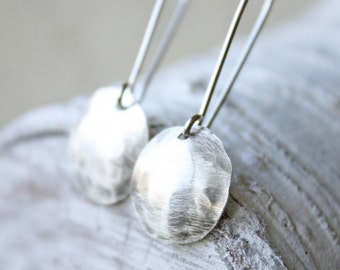 Hammered Sterling Silver Disc Earrings: Long Round Circle Modern Everyday Jewelry