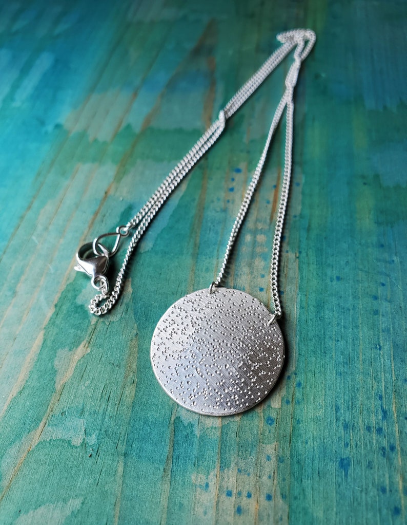 Stardust Necklace, sterling silver round disc pendant, moon necklace, lunar boho jewelry image 5