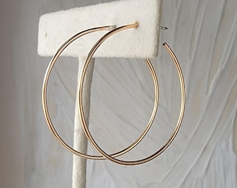 14k Gold Filled Hoops - Large Golden Earrings with Silver Posts
