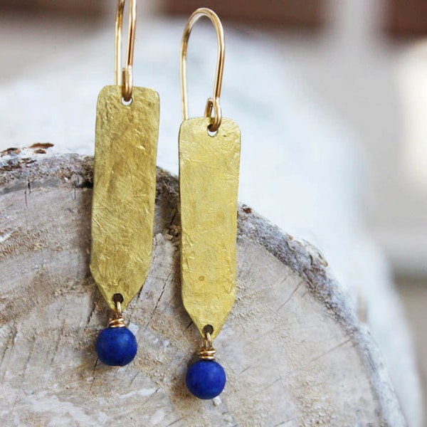 lapis gold earrings, indigo brass jewelry hammered spike, rustic boho tribal