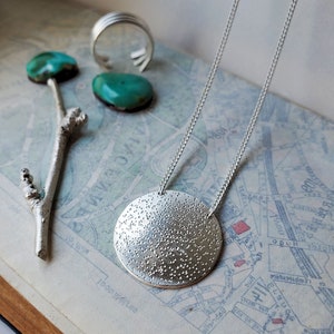 Stardust Necklace, sterling silver round disc pendant, moon necklace, lunar boho jewelry image 2