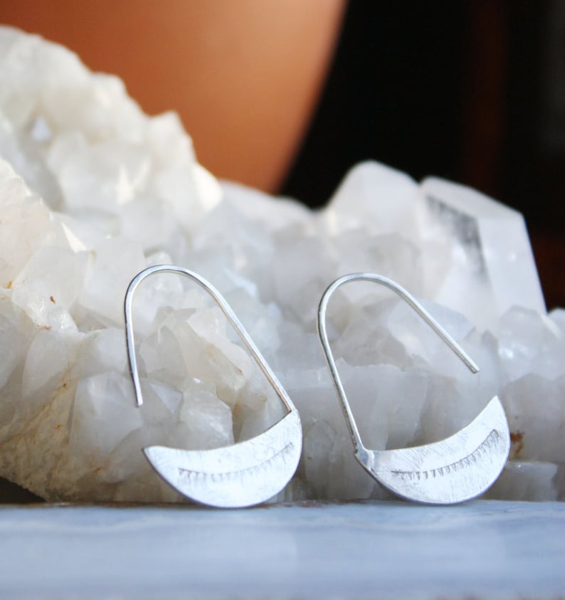 Silver Earrings, Sterling Silver Crescent Moon Hoops, Arc Earrings, Teardrop Hoop image 1