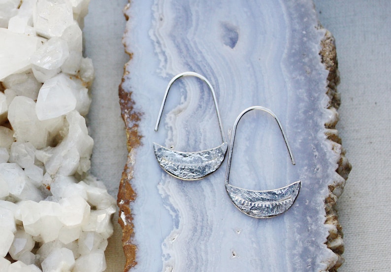 Silver Earrings, Sterling Silver Crescent Moon Hoops, Arc Earrings, Teardrop Hoop image 2