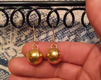 Gold dangle fish hook earrings made from ball type vintage buttons