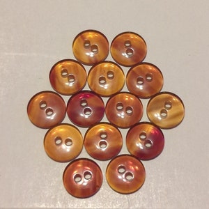 Puede incluir: Una colección de 14 botones marrones y naranjas de dos agujeros con un acabado translúcido.