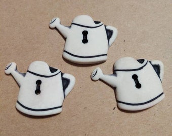 3 cute watering can buttons vintage white buttons gardening theme buttons 1"x 1 3/8" two hole buttons
