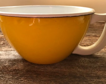 Vintage Large Bright Yellow White Enamel Measuring Watering Pour Bowl MCM