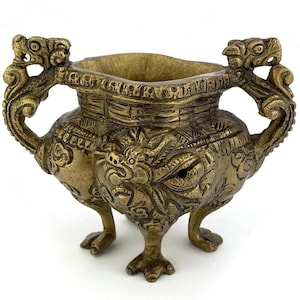Vintage Asian Incense Burner, Censer With Embossed Dragon Handles, 20th Century Eastern Perfume Burner, Small Burner With Cast Brass Ornate