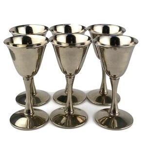 Silver Plated Liqueur Stemware, Italian Set Of 6, Tall Metal Brandy Cups, Vintage Barware, Classy Bar Serving Tall Cups 40ml, Bologna Italy