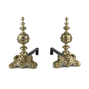 Juego de morillos franceses antiguos, soportes para chimenea ornamentados, accesorio de latón vintage para chimenea, par de morillos victorianos, accesorio para sala de estar