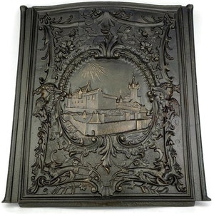 20th Century Wall Frieze, Cast Iron Ornate Relief Fireback, Fireplace Insert, Iron Decorative Plate, Hearth Accessory, Circa Early 1900s