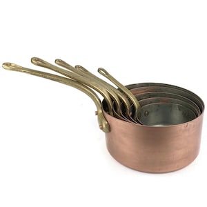 French Copper Sauce Pan Set Of 5 With Brass Handles, Vintage Sauté Pans, Tinned Cooking Pans, Copper Cooking Utensils, Kitchen Decor Idea