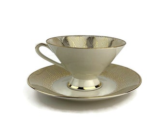 Bayerische Gold Porzellan Kaffeetasse mit Teller, Elfenbein Porzellan Deutschland Teetasse und Teller, Vintage deutsche Kaffeeservice