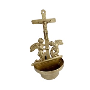 Holy Water Font, Brass Jesus Crucifix With Angels, Religious Wall Decor, Wall Hanging Church Stoup, Church Entrance Basin
