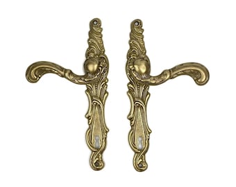 French Brass Door Handles With Plates, Embossed Cast Brass Front Door Door Plates And Handles, Antique Victorian Rococo House Decoration,