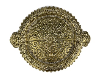 French Bronze Tray With Satyr Heads, 19th Century Victorian Ornate, Solid Cast Bronze Embossed Ornate, Serving Tray, Antique Centerpiece