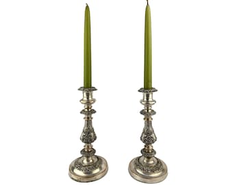 19th Century Sheffield Silver Plated Candle Holder Set, 1800s Embossed Ornate Candle Sticks, Antique Silver-Plated Pair Of Candlesticks