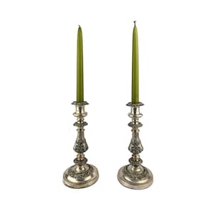 19th Century Sheffield Silver Plated Candle Holder Set, 1800s Embossed Ornate Candle Sticks, Antique Silver-Plated Pair Of Candlesticks