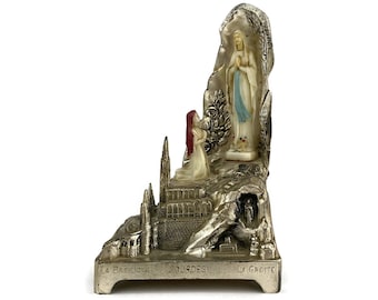 Statua musicale di Lourdes, carillon religioso raffigurante Bernadette e l'apparizione nella grotta, La Basilique Lourdes, statuetta di Notre Dame