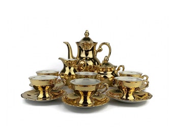 Bayerisches Gold-Keramik-Kaffeeset, Mitterteich komplettes Servierset, bayerisches Kaffee-Set, deutsches 6er-Teeset aus Keramik aus den 1930er Jahren
