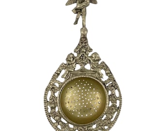 Vintage Brass Tea Strainer, Cherub Handle Infuser Spoon, Ornate Putti Tea Tool, French Tea Accessory, Decorative Kitchen Item