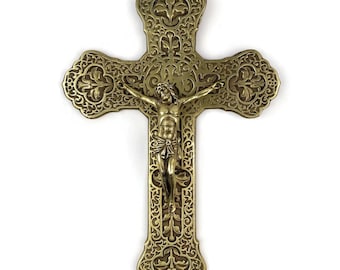 French Wall Hanging Jesus Crucifix, Embossed Cast Brass Ornate, Cross Of Jesus Christ, Altar Crucifix, Religious Home Decor, Christian Gift