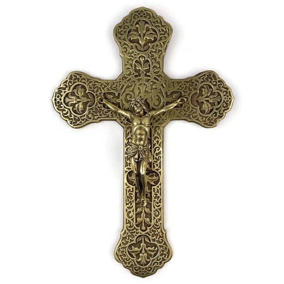French Wall Hanging Jesus Crucifix, Embossed Cast Brass Ornate