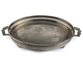 Vintage French Serving Tray, Silver Tone Copper Tray, Pierced Gallery Edge Tray, Floral Engraved Platter, Oval Footed Tray Decor
