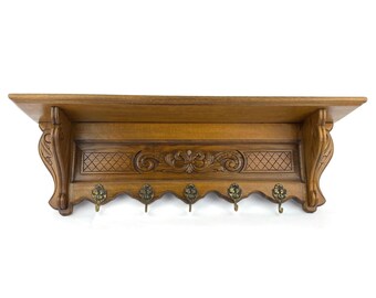 Carved Coat Hanger, Vintage Coat Rack From The 1950's, Hand Carved Wooden Wall Coat Rack, Wall Hung Cloakroom Hanger With Ornate And 5 Hooks