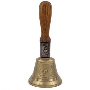 Antique Bronze Hand Bell, Number 12 Bell, Wooden Handle Table Bell, Farmhouse Decor, French Call Bell, Office Gift, Collectible Dinner Bell