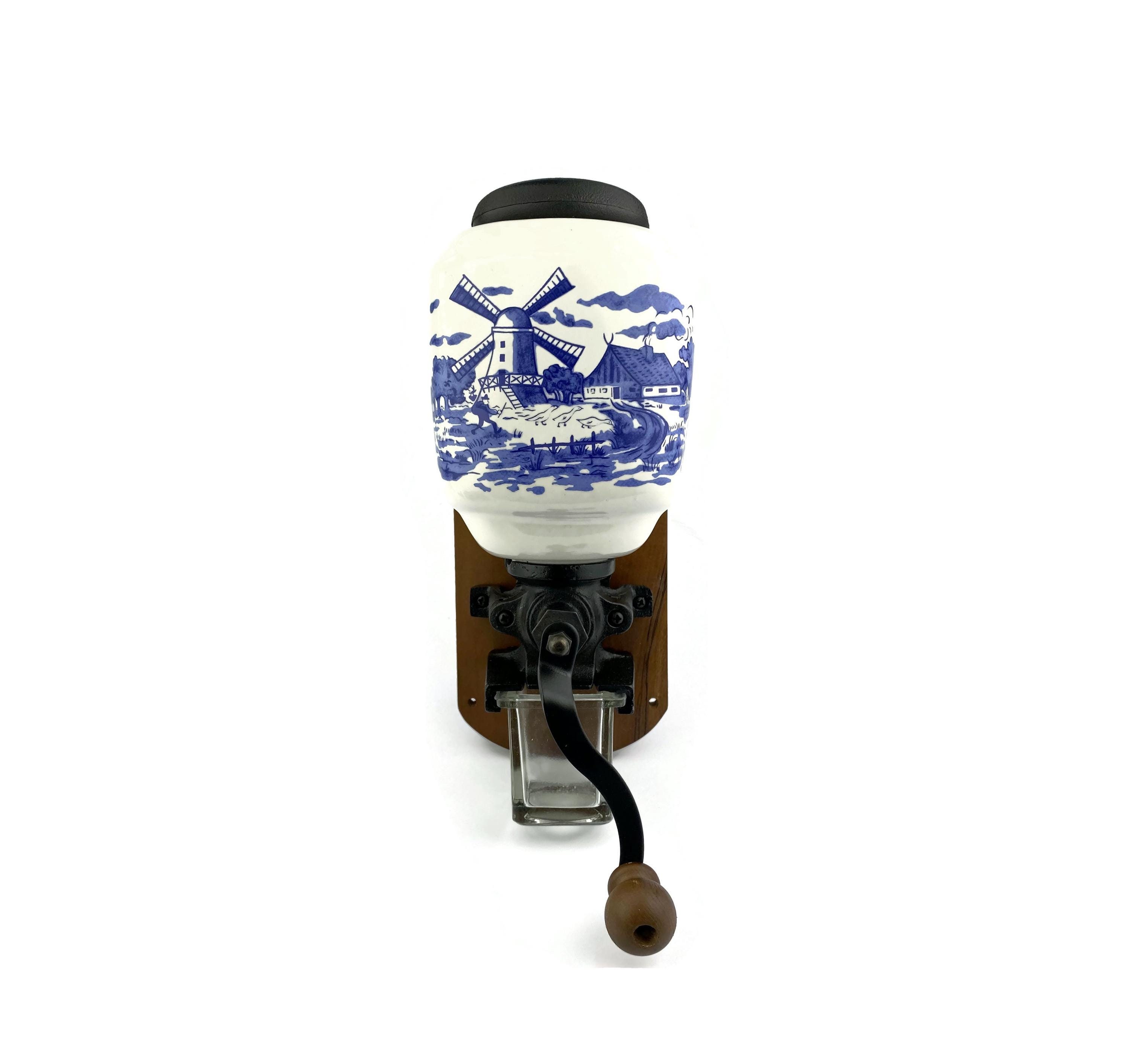 Wall Mounted Coffee Mill, Dutch Hand Crank Coffee Grinder, Delft Blue And White Ceramic Illustrating A Holland Windmill Scene, Gift Idea
