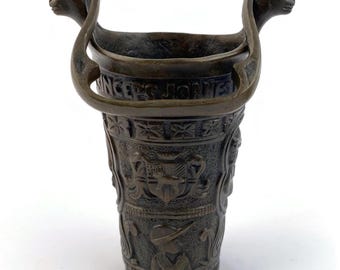 Antique Bronze Situla, Catholic Holy Water Bucket, Figural Animal Handles, Latin Inscription Vessel, Church Ritual Decor