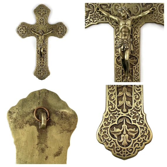 French Wall Hanging Jesus Crucifix, Embossed Cast Brass Ornate