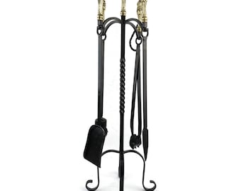 Vintage French Fireplace Tools Set, Brass And Iron Companion Set, Hearth Poker Tongs Shovel Brush, Standing Fireplace Accessories