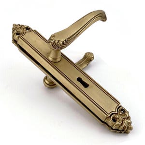 May include: A gold-toned door handle with a decorative design. The handle has a keyhole and a lever.