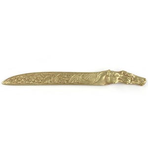 Brass Horse Head Letter Opener, Floral Engraved Ornate Envelope Tool, Equestrian Desk Accessory, Paper Cutter, Antique Office Inkwell Decor