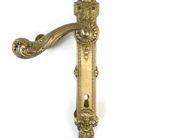 Tiradores de puerta de latón francés con placas, placas y tiradores de puerta de latón fundido repujado, decoración antigua de puerta de entrada victoriana, marcados