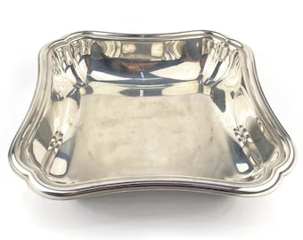 Vassoio vintage placcato in argento, piccola ciotola quadrata da portata, centrotavola inglese, elegante fruttiera, marchio di garanzia 18, vassoio in stile Art Déco